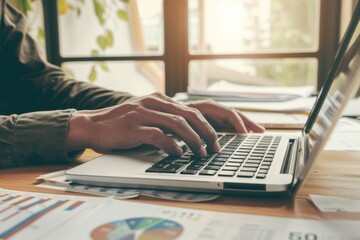 Hands typing on a laptop keyboard in a softly lit room, surrounded by papers and charts, indicating focused work or study.
