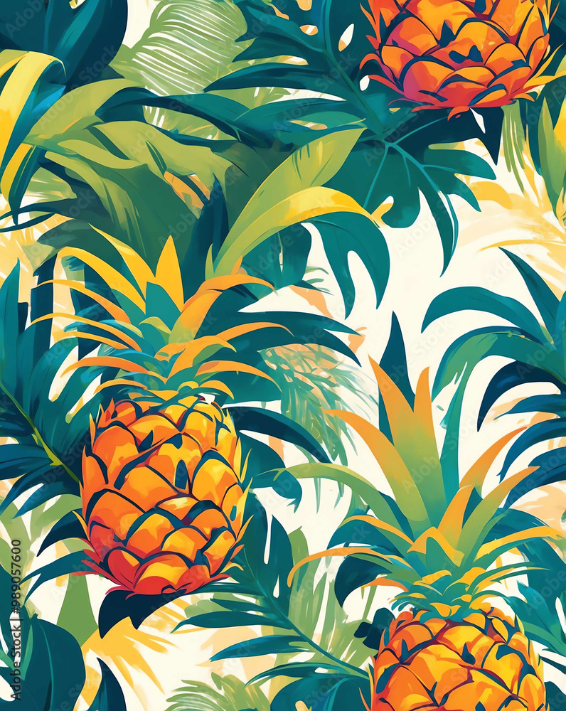 Canvas Prints Pineapple outlines with tropical ferns seamless design pattern wallpaper