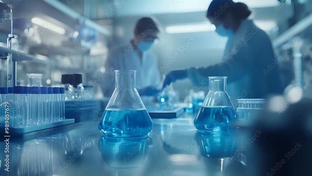 Poster close up of two beakers filled with blue liquid on a lab table with out of focus scientists in the b