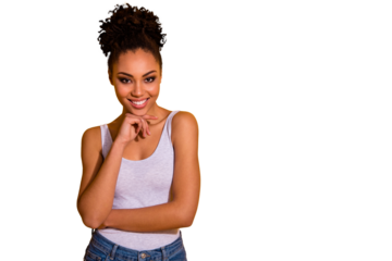 Close up photo cute beautiful amazing she her dark skin lady weekend vacation street look smiling attentive listen coquettish hand arm chin wear casual tank-top isolated vivid yellow background