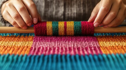 Hands weaving colorful threads on a loom, showcasing traditional textile craftsmanship.