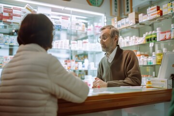 Obraz premium A pharmacist attentively assists a customer in a cozy, well-stocked pharmacy, creating a scene of trust and care.