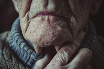 Obraz premium A close-up shot of a pensive elderly man with deep wrinkles, gently touching his chin, lost in thought and illuminated by soft, diffused light.