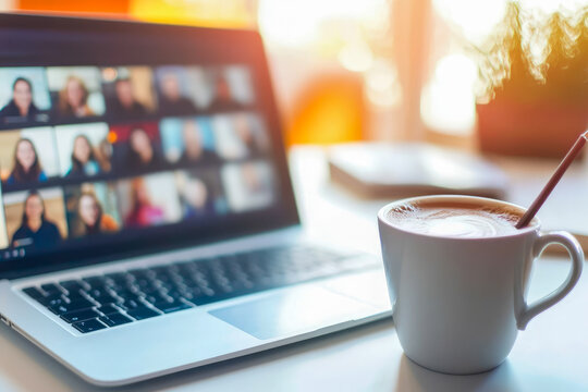An image of a laptop showing a video call screen and a cup of coffee, depicting a modern remote working environment.