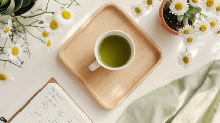 A serene workspace with a cup of green tea, notebook, and potted plants.