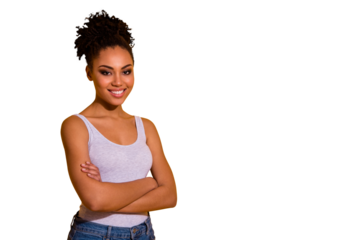 Close up side profile photo beautiful she her dark skin lady arms crossed successful professional summer vacation weekend toothy wait rest relax wear casual tank-top isolated vivid yellow background