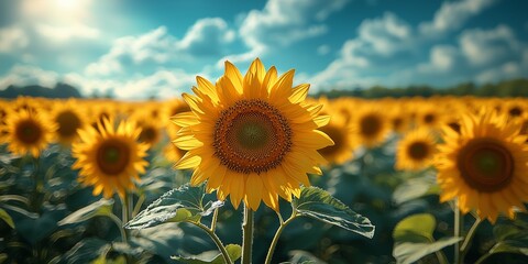Vibrant Sunflower Field Under Sunny Sky