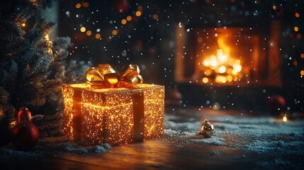 Christmas scene an open magic gift box glowing with golden light surrounded by festive decorations snowflakes and a cozy fireplace in the background joyful holiday atmosphere