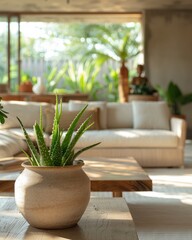 Fototapeta premium Sunny Corner in Modern Living Room with Aloe Vera Plant in Ceramic Pot