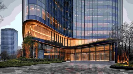 Naklejka premium Modern Glass Office Building with Entrance and Landscaping