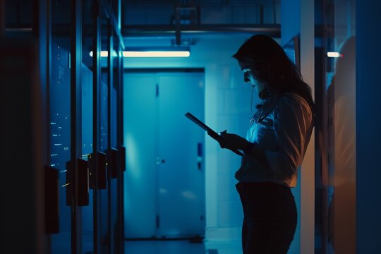 In the soft glow of blue lights, a woman in a server room studies her tablet, reflecting on the data displayed against the backdrop of securing rows of servers.