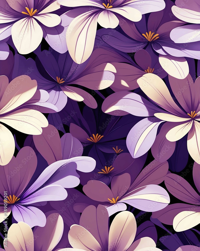 Poster Violet and cream flowers with bold lines seamless design wallpaper pattern