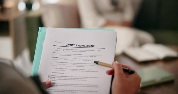 Contract, divorce and documents on clipboard, marriage fail with lawyer reading legal paperwork for couple. Agreement, compliance and review for people separation, partnership end and family law