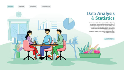 Analysis and Statistics illustration web template with a simple flat illustration of some people meeting and a web homepage layout.