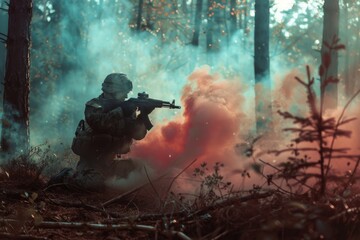 Fototapeta premium A soldier kneels and takes aim amid vibrant smoke in a forest, highlighting the tension and intensity of a tactical operation in a challenging environment.