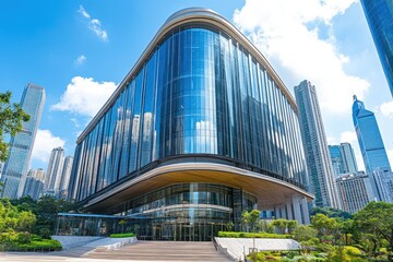Modern Glass Skyscraper with Curved Facade and Entrance