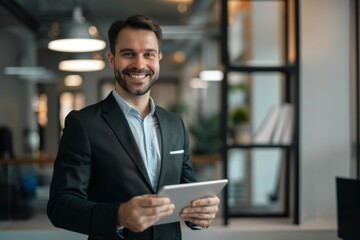 A young man in a tailored suit smiles confidently while holding a tablet in a modern office, emanating professionalism and enthusiasm.