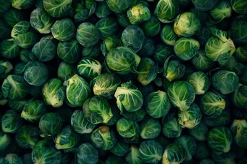 Close-up of a dense cluster of green Brussels sprouts, highlighting their texture and freshness with a vibrant green hue.