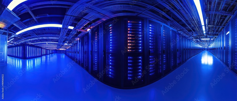 Poster a panoramic view of a modern data center with blue lighting and server racks.