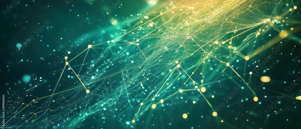 Poster abstract representation of interconnected data and networks with glowing elements.