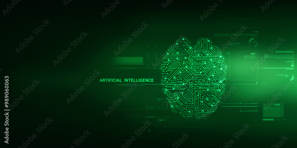 Poster 2d illustration concept of thinking, background with brain, abstract artificial intelligence. techno