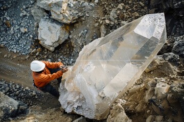 Miner in an excavation site working with a massive clear crystal, highlighting the scale and hard work involved.
