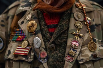 Veteran's Jacket Adorned with Military Badges and Medals at Veterans Day Event