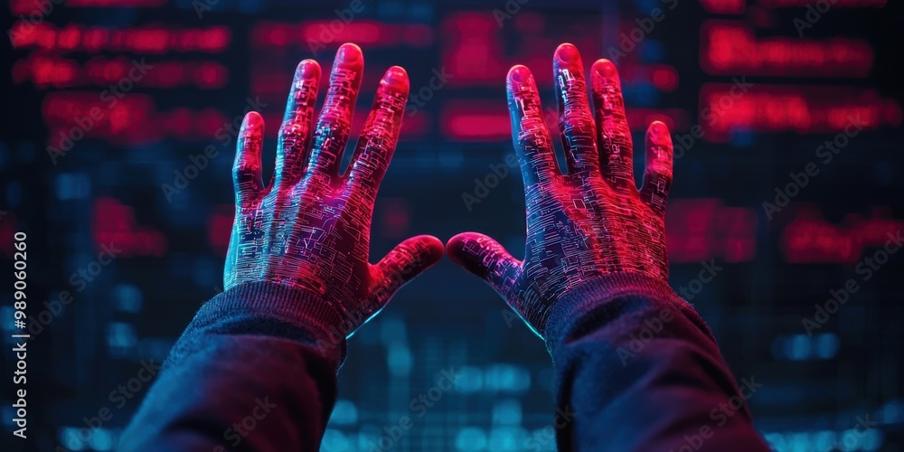 Poster gloved hands raised in front of a screen with red and blue code, symbolizing hacking, cybersecurity,