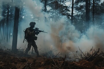 A silhouetted soldier stands alert, poised in a forest filled with swirling smoke, epitomizing vigilance and readiness in a dense, mysterious environment.