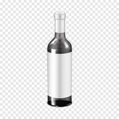 Clear glass wine bottle with white blank label on transparent background. 3d vector mock-up. Drink packaging. Realistic mockup