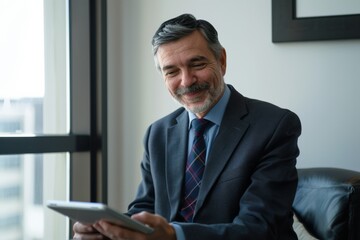 Fototapeta premium An older man with a warm smile, dressed in a suit, holds a tablet while sitting in an office with large windows, capturing a moment of contentment.