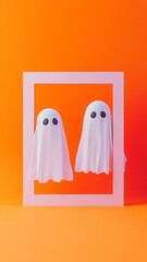 Cute white ghosts on minimalist color background with copy space