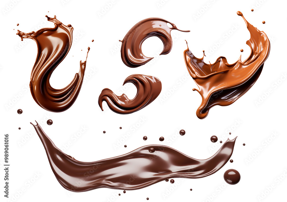 Poster a fusion of milk and dark chocolate splashes creating abstract artistic shapes on a clean white back