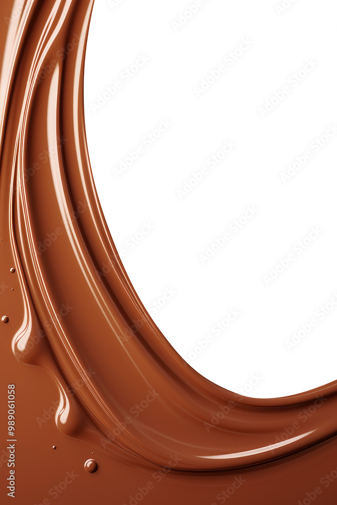 Poster smooth flowing chocolate creating a curved and graceful pattern against a pristine white background,