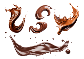 A fusion of milk and dark chocolate splashes creating abstract artistic shapes on a clean white background for visual appeal.