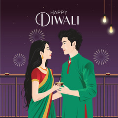 Couple celebrating diwali with diya in hand