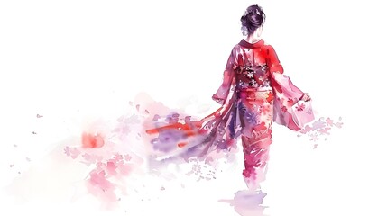 Naklejka premium A graceful figure in a flowing red kimono emanates elegance, surrounded by soft watercolor splashes, capturing a moment of serene beauty.