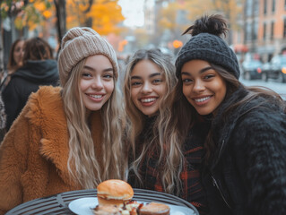 Fototapeta premium Three smiling young women in cozy autumn attire, sitting outdoors at a café table with fall colors in the background.