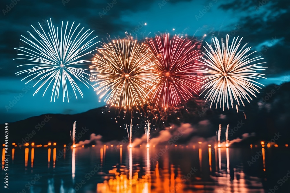 Aufkleber a vibrant display of colorful fireworks exploding over a serene lake under a twilight sky.