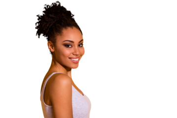 Close up side profile photo beautiful funny she her dark skin lady show white perfect ideal teeth carefree weekend vacation summer street look wear casual tank-top isolated vivid yellow background