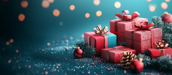 Obraz premium Christmas presents in snow with pine cones and ornaments, background