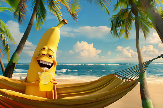Cute cartoon banana in a hammock under palm trees on a tropical island.