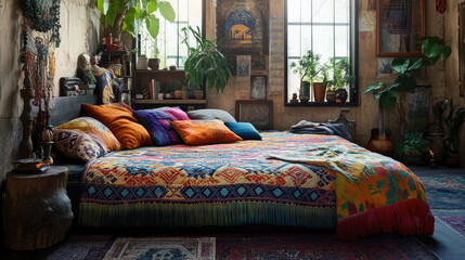 A bohemian-style bedroom with a mattress covered in a vibrant, patterned blanket and surrounded by soft pillows, creating a relaxed and artistic space. -