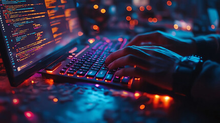 Hacker Typing Code on Laptop Keyboard in Dark Room