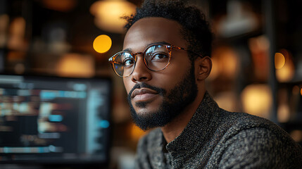 Obraz premium Thoughtful Black Man in Glasses Looking Away From Computer Screen