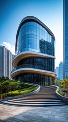 Obraz premium Modern Glass Building with Curved Staircase and Green Landscaping