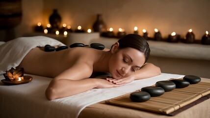 Woman receiving a relaxing hot stone massage on a spa table with candles in the background.