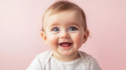 Naklejka premium Joyful Infant with Bright Smile on Pink Background