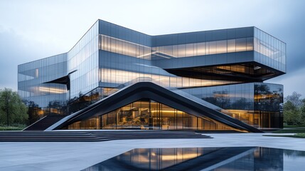 Modern Glass and Steel Office Building with a Water Feature