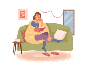 Woman reading book on sofa, cup with tea coffee on table. Flat cartoon lady sitting on couch, mirror on wall, hot drink near her. Girl in warm clothes resting, vector illustration of studying girl